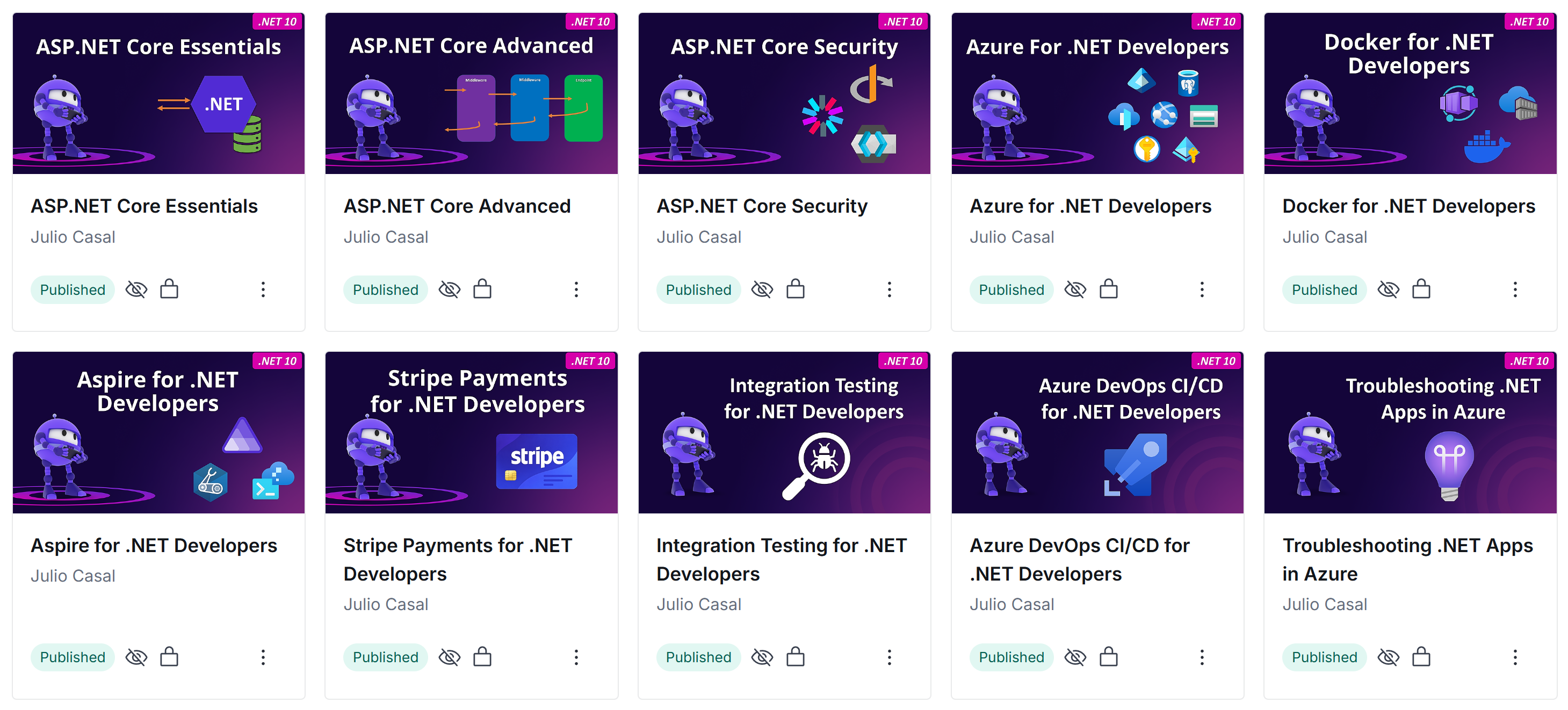 All 10 bootcamp courses in the Thinkific catalog, each badged .NET 10.